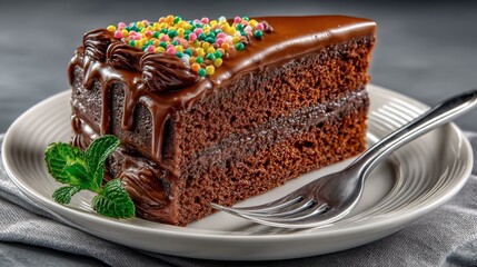 Decadent Chocolate Cake Slice with Rich Frosting and Colorful Sprinkles on White Plate