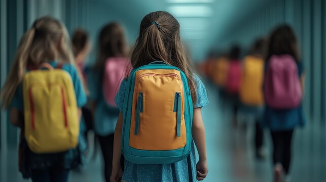 A group of children walking together in a school hallway, showcasing the bonding of friendship and the excitement of learning, filled with bright colors and school spirit.