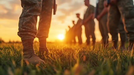Silhouetted soldiers stand in formation against a beautiful sunset, symbolizing unity, discipline, and sacrifice. The striking image evokes emotions of respect and admiration for service.