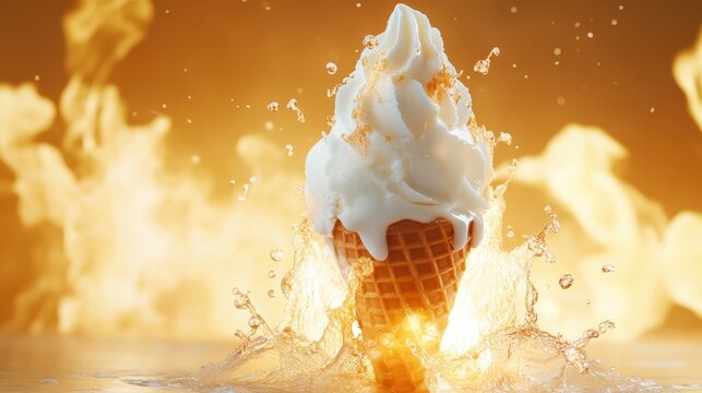 An enticing ice cream cone captures attention with a dynamic splash in fiery colors, showcasing a fun and energetic theme perfect for summer treats and delights.