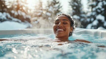 A joyful woman enjoying a hot tub surrounded by snowy trees, radiating happiness and warmth in a winter landscape, perfect for wellness and relaxation themes.
