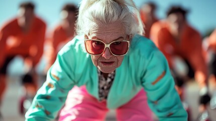 A determined elderly woman skates forward in bright attire against a vibrant background, showcasing her skill and passion for the activity despite the age barrier.