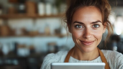 A cheerful woman with brown hair smiles while holding a tablet in a cozy cafe setting, representing warmth, modern coffee culture, and the joy of community interactions.