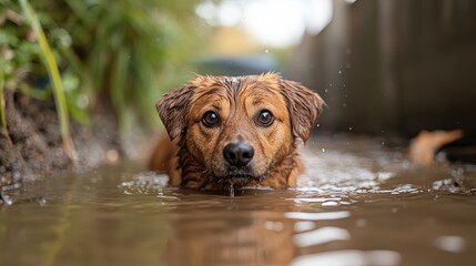 A wet dog with a joyful expression splashes through a muddy stream, capturing the essence of playful spontaneity and the pure joy of being in nature's elements all around!