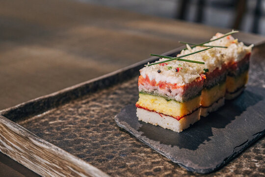 a close up of vibrant causa rellena