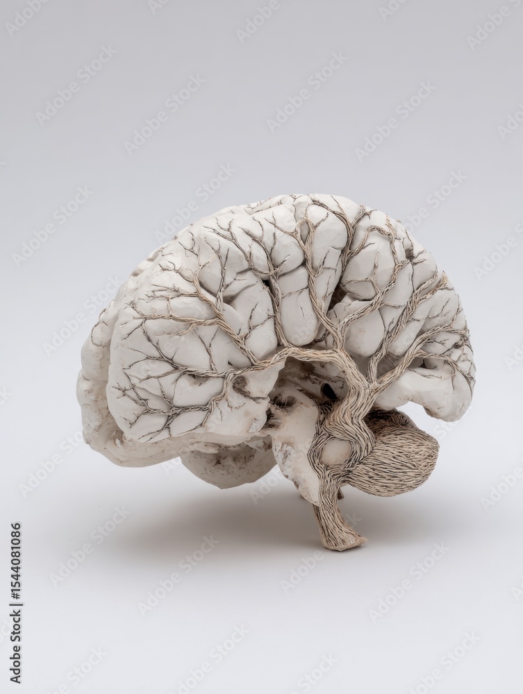 Poster clay brain sculpture with exposed nerves showcasing intricate details and textures in artistic repre