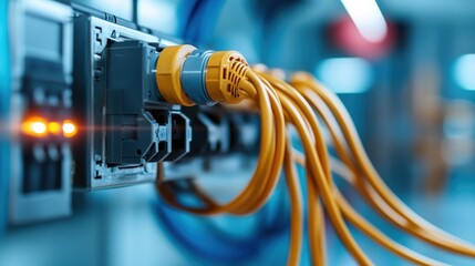 A close-up of interconnected electrical wires plugged in a panel, showcasing a modern, industrial aesthetic while emphasizing technology's role and complexity in daily life.