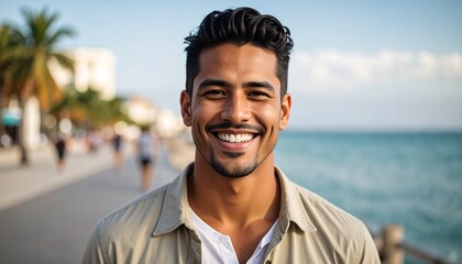Happy man smiling with beach boardwalk.