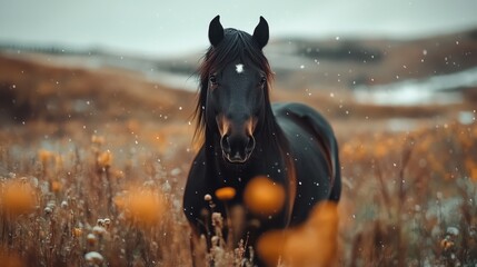 A striking black horse stands gracefully among snowy fields and wildflowers, creating a serene scene that captures the beauty and freedom of nature in winter.