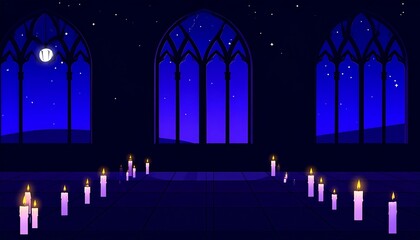 Night candles with gothic hall, and moonlit.