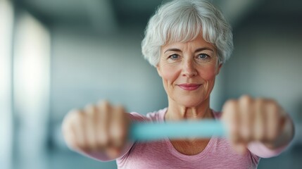 A confident older woman lifts weights in a gym, showcasing strength and vitality, inspiring others to embrace fitness and healthy living no matter the age.