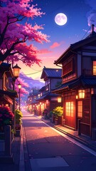 Night cherry blossom street scene.