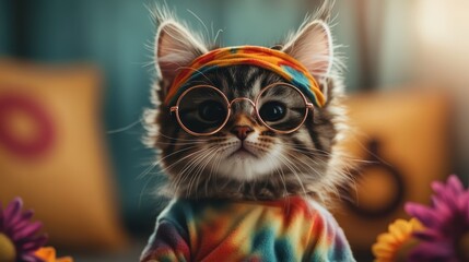 An adorable cat sporting tie-dye attire and stylish glasses provides a fun and quirky vibe, highlighting a playful blend of fashion and pet personality.