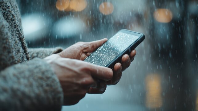 A close-up view of hands holding a smartphone with raindrops on the screen, illustrating the intersection of modern technology and nature in an urban environment. - Powered by Adobe