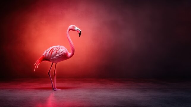 A stunning flamingo stands elegantly in a moody setting, the brilliant pink hues contrasting with deep shadows to create a captivating visual for artistic appreciation.