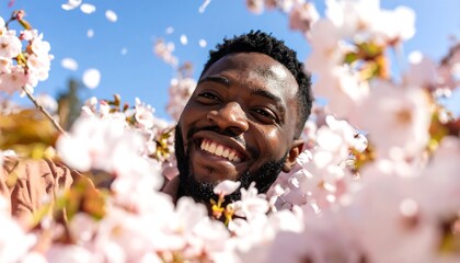 Happy man with cherry blossoms, and spring.