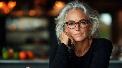A thoughtful woman with silver hair and stylish glasses gazes into the distance, embodying wisdom, experience, and a reflective spirit in an inviting, warm setting.