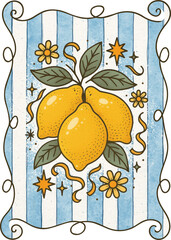 Whimsical lemons with flowers on blue stripes—perfect for summer prints, kitchen decor, and cheerful sublimation designs with a vintage twist.