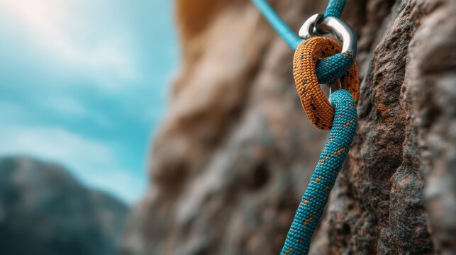 In this detailed image, climbing gear is showcased on a rock face, emphasizing adventurous spirit and the thrill of climbing in nature’s rugged terrains.