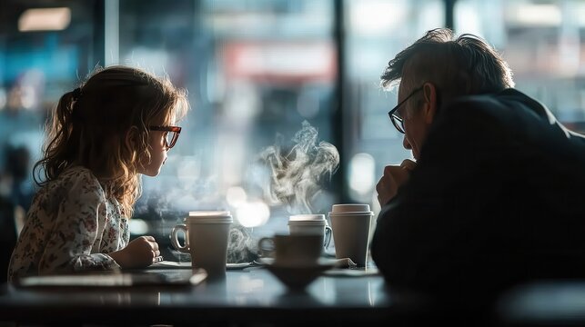 An endearing scene captures a young girl and a man deep in conversation over steaming cups of coffee, showcasing the warmth and connection across generations.