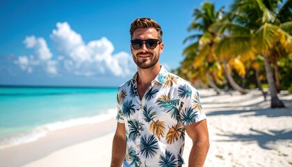 Happy man tropical beach vacation.