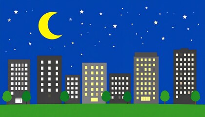 Night Cityscape with Crescent Moon.