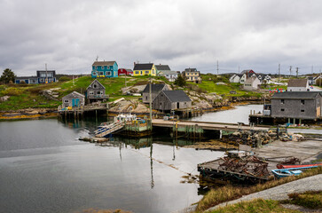 Rain keeps tourists away from the harbour of Peggys Cove near Halifax in Nova Scotia, Canada