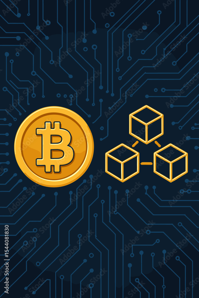 Poster bitcoin and blockchain technology concept illustration. cryptocurrency gold coin and network icon on