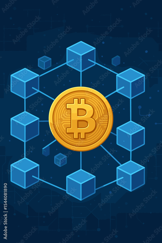 Poster blockchain technology and bitcoin cryptocurrency network concept. decentralized digital block chain 