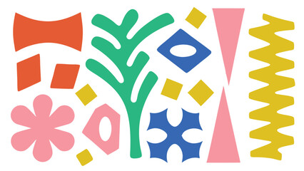 Colorful abstract shapes composition including flower tree and geometric elements on white background