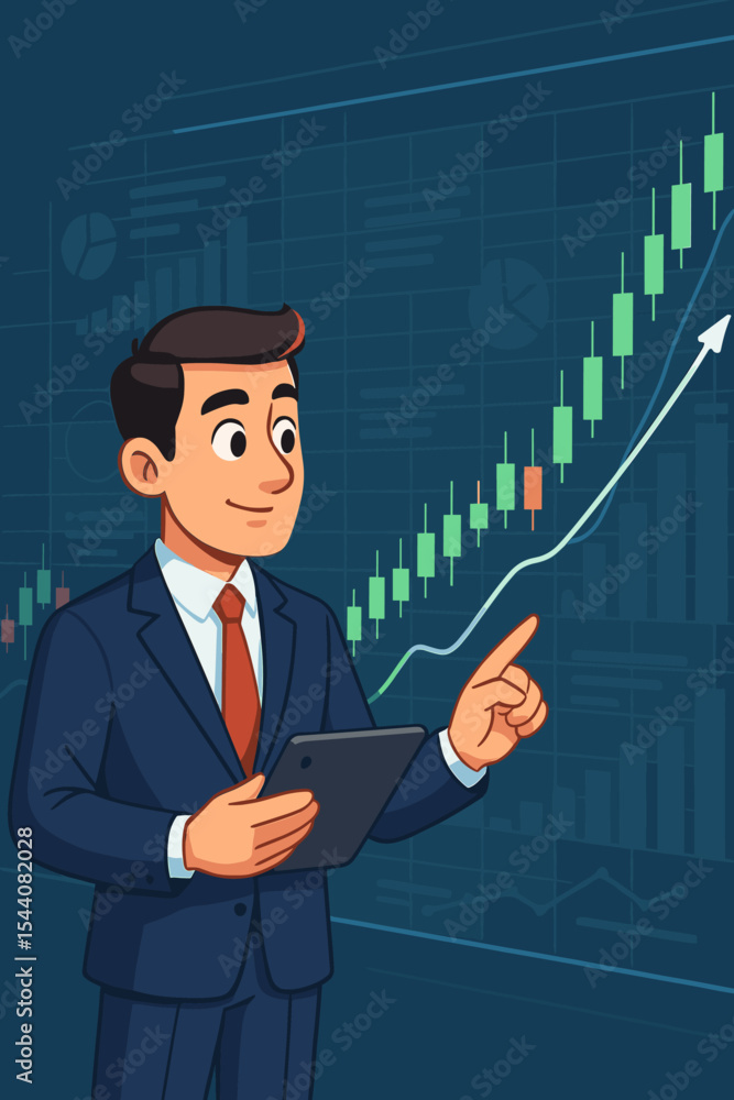 Poster businessman analyzing virtual stock market graph on a digital screen. trader with tablet looking at 