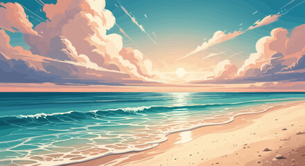 Serene Sunset Beach Pixel Art Illustration of Calm Ocean Waves and Sandy Shore