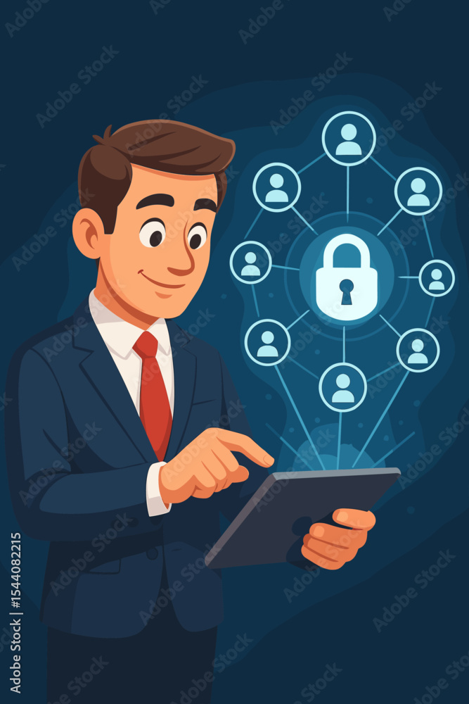 Poster businessman managing customer data security on a tablet. concept of cyber protection, network privac