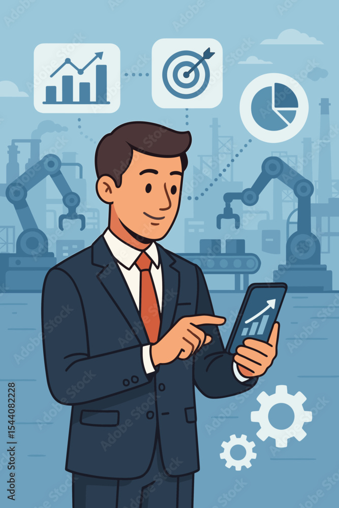 Poster industry 4.0 concept with businessman managing production via smartphone. smart factory automation w