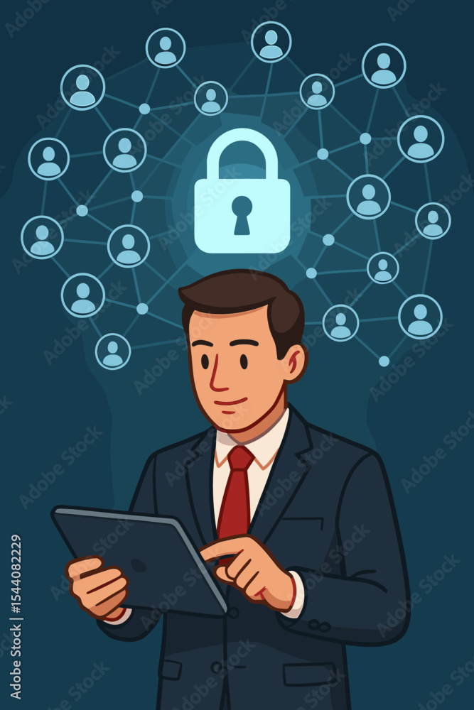 Poster businessman using tablet for cyber security. man protecting customer data and privacy with a digital
