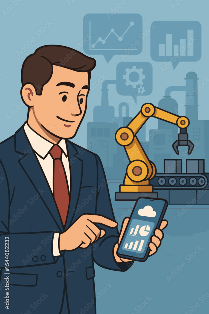 Poster smart factory management concept. businessman using smartphone app to control robotic arm on product
