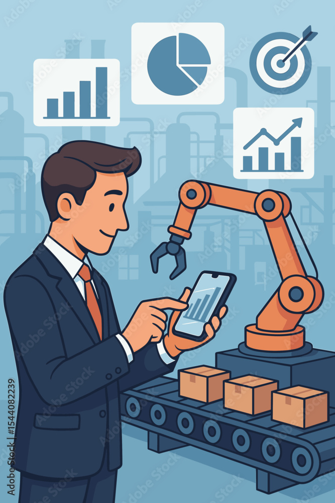 Poster smart factory manager using mobile phone for controlling robotic arm on production line. industry 4.