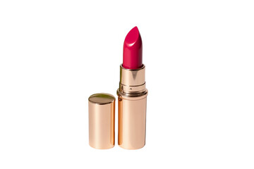 Bright pink lipstick in golden tube on white background  