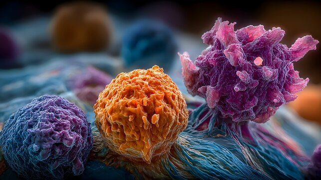 Close-up view of immune cells and cancer cells under microscope highlighting the interaction and structures involved in cellular biology