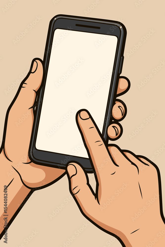 Poster vector cartoon illustration of hands holding a smartphone. mobile phone mockup with blank empty scre