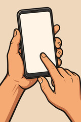 Hands holding a modern smartphone with a blank screen for mockup purposes. Finger touching, tapping, or scrolling on the mobile phone display. Vector cartoon illustration for apps.