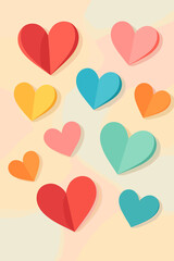 Set of colorful paper cut hearts on a gentle pastel background. Vector illustration for Valentine's Day, wedding, or anniversary. Romantic 3D papercraft love symbol design.