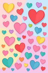 Colorful paper hearts on a pastel background. Cute cartoon vector illustration for Valentine's Day greeting card. Romantic love symbols pattern for wedding, anniversary or holiday.