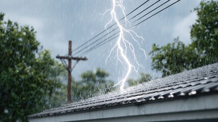 Lightning striking a roof during a heavy downpour, rain hitting the roof and splashing up, dramatic weather scene outside with trees and power lines.