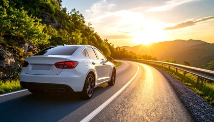 A modern white car drives along a winding road at sunset, casting warm light over the landscape