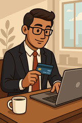 Businessman making online payment with credit card on laptop. E-commerce, internet shopping concept. Corporate professional at office desk conducting digital transaction. Vector cartoon.
