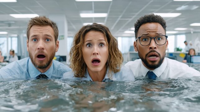 Three shocked office workers chest-deep in water, looking at the camera with wide eyes, inside a flooded office.