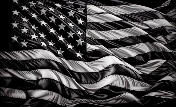 a black and white american flag waving on a black background, in the style of photorealism, stencils, large canvas format, zbrush, striped painting, heavily textured, detailed drapery Generative AI