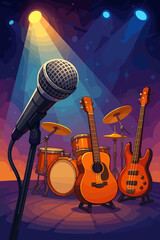 Live music concert stage with microphone, acoustic guitar, bass, and drums under spotlights. Rock band performance concept. Cartoon vector illustration background for a festival or show.