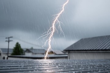 Lightning striking a metal roof during a heavy downpour, rain falling on rooftop, lightning bolt hitting house.